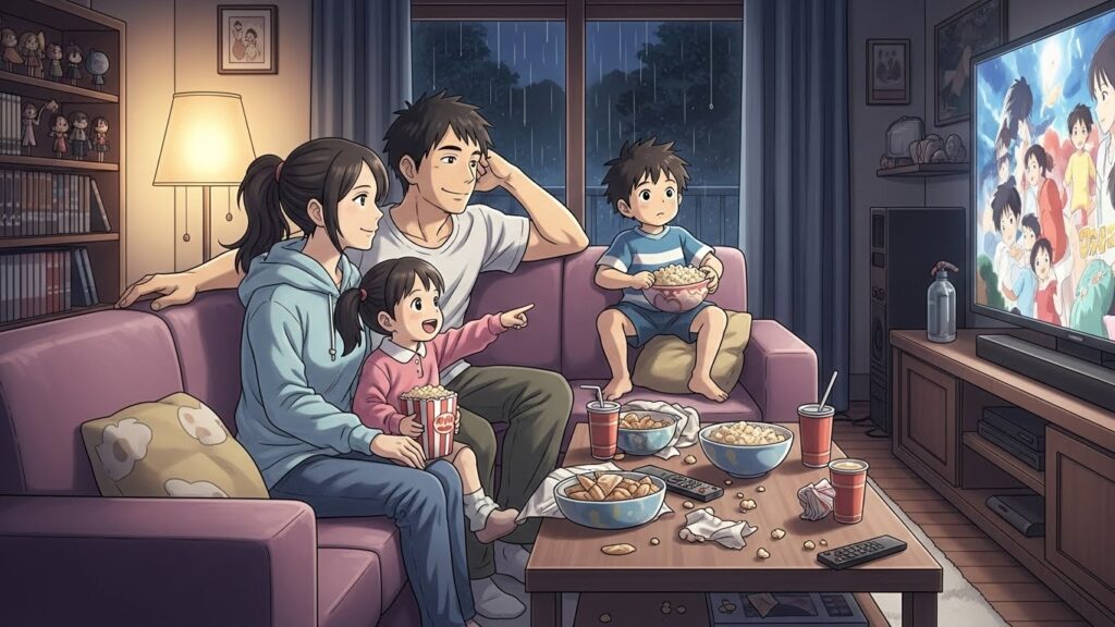 映画を観ている家族