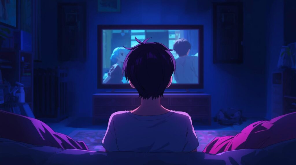 部屋で一人で映画を観ている後ろ姿